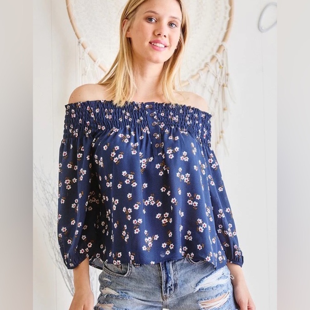 Off the Shoulder Blue w/ White Floral Print Boho Smocked Top, S-M-L